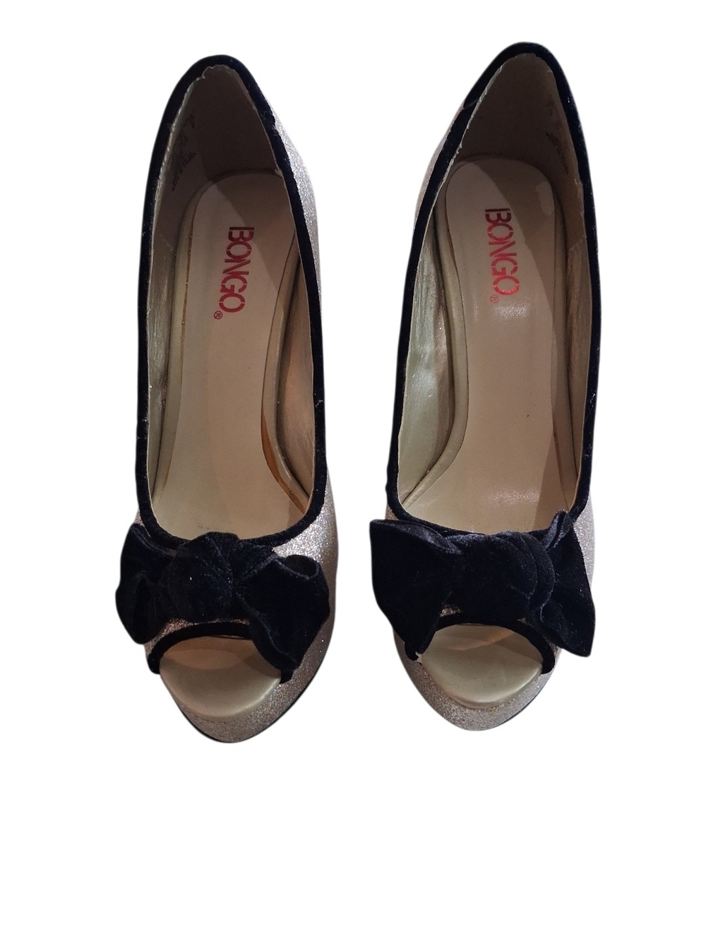 BONGO Women's Black & Gold Peep Toe Bow Heels